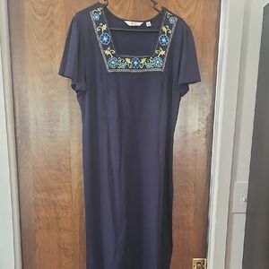 Denim&Co. Navy Embroidered Square-Neck Midi Dress Size L